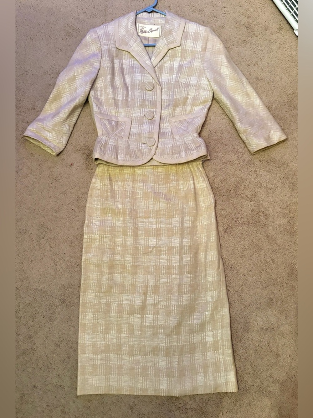 Vintage 1950s Beige & White Windowpane Patterned Blazer Skirt Suit XS